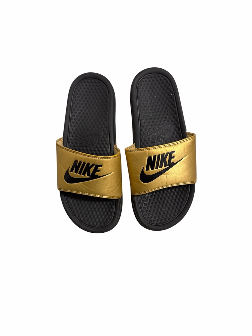 Nike Black and Gold Slide Sandals Size 8